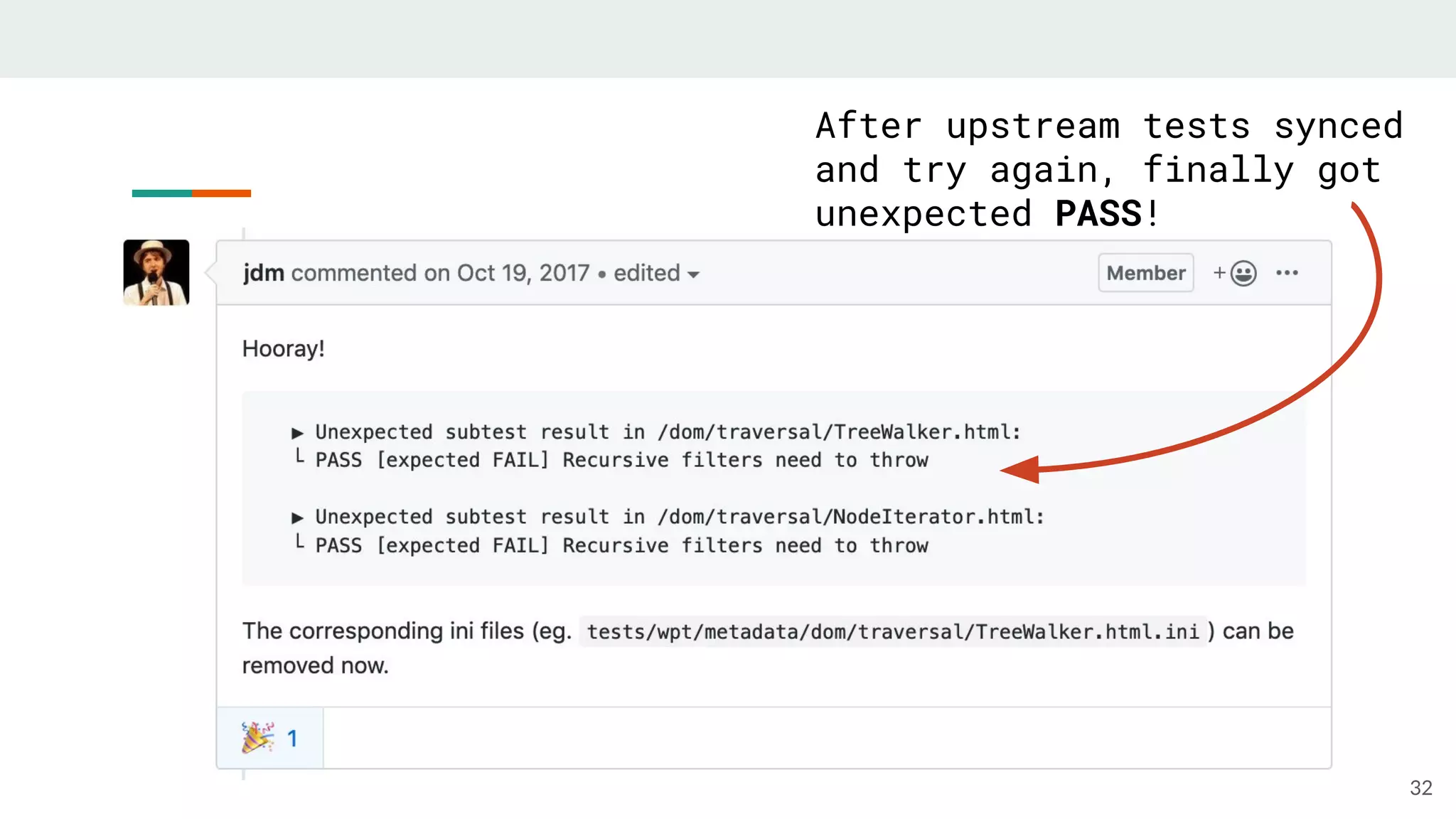 32
After upstream tests synced
and try again, finally got
unexpected PASS!
 