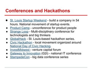 Conferences and Hackathons
● St. Louis Startup Weekend - build a company in 54
●
●
●
●
●
●
●

hours. National movement of ...