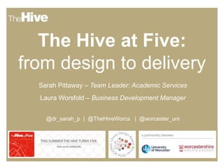 The Hive at Five:
from design to delivery
Sarah Pittaway – Team Leader: Academic Services
Laura Worsfold – Business Development Manager
@dr_sarah_p | @TheHiveWorcs | @worcester_uni
 