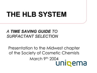 THE HLB SYSTEM
THE HLB SYSTEM
A TIME SAVING GUIDE TO
SURFACTANT SELECTION
Presentation to the Midwest chapter
of the Society of Cosmetic Chemists
March 9th 2004
 