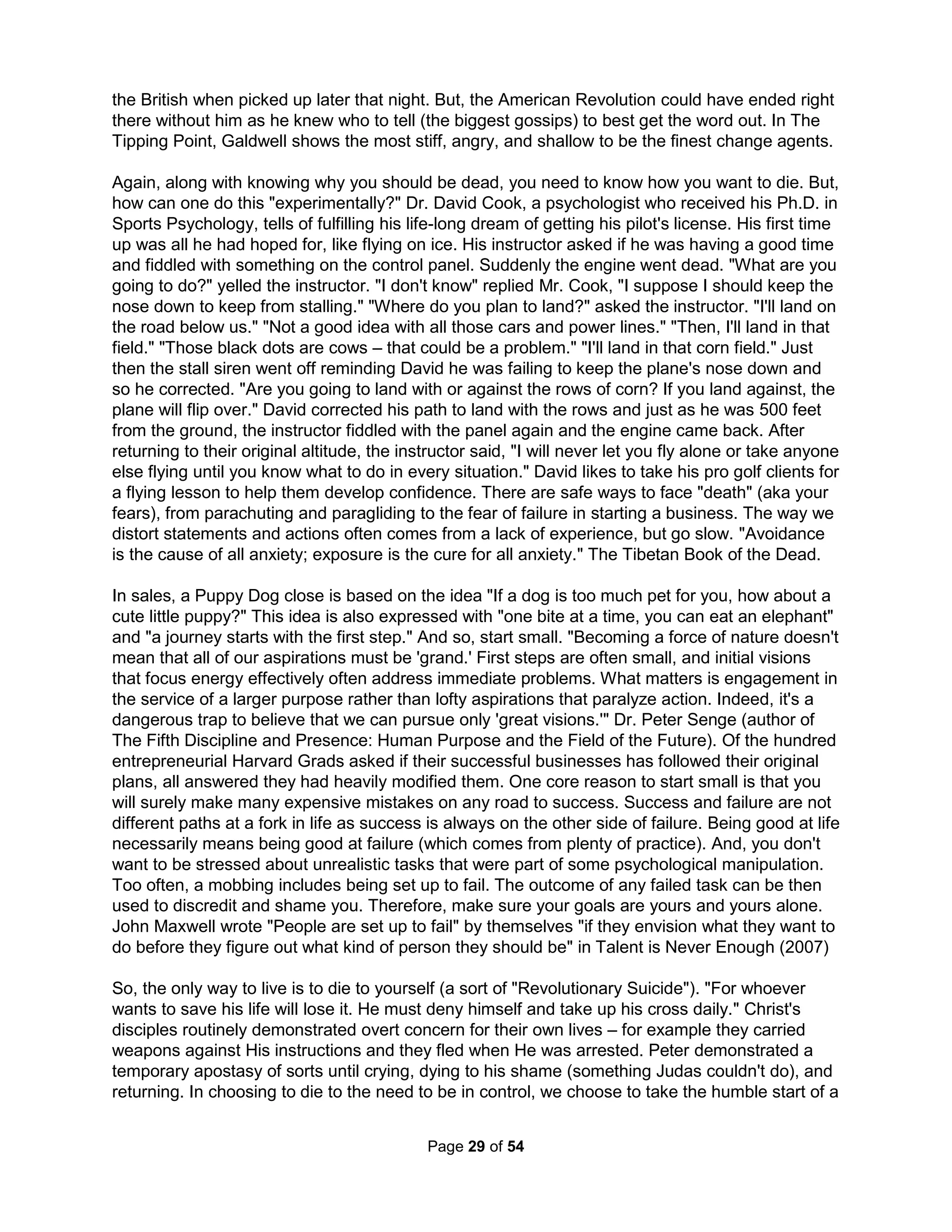 subjectively by such states as absorbing, interest, intense commitment to some goal or value, 
faith in God. Some assumption such as that of 'spirit; and 'inspiriting' is necessary to account for 
a broad range of phenomena not understood, though reliably observed." (1964, p.80) Dr. Dunn 
(1959, 1961, 1977) introduced the concept of wellness that is widely associated with today's 
emphasis on health and wellness programs. Dr. Dunn stated in 1959, "Unless there is a reason 
for living, unless there is a purpose in our life, we cannot possibly achieve high-level wellness." 
Spiritual well-being is basically the measure of success in fulfilling any person's basic desire to 
find and model an ultimate individual meaning and purpose in an interconnected existence. 
While there is a widely held misconception that spirituality is synonymous with religion, spiritual 
well-being is a concept widely used in research studies. It focuses on the quality of relationships 
while religion focuses on specific theological doctrines, rituals, and creeds. We need to return to 
valuing mixing rather than melting specific beliefs as we enter an age based on improving the 
quality of our relationship, or our spirituality. And, two models have been developed to measure 
spiritual well-being: the Stoll, Banks, Hungelmann, and Brukhardt Web model and the Mobherg, 
Ellison, and Paloutzian Cruciform Model. Investigations have found a mixed SWB scale to be 
significantly related to depression and loneliness (Paloutzian and Ellison, 1982), self-esteem 
(Campise, Ellison, and Kinsman, 1979; Marto, 1983), response to treatment of chronic pain 
(Mullins, 1985), hypertension (Hawkins, 1986; Mullins, 1985; Sherman, 1986), eating disorder 
patient groupings (Sherman, 1986), marital satisfaction (Mashburn, 1986), coping skills and 
feelings of connectedness, employment status, and family closeness (Jang, 1986), anxiety 
(Kaczorowski, 1989), and coping with terminal illness (Reed, 1987, 1992). The Spiritual Well- 
Being Scale is an extensively examined instrument, and it has long been proven highly reliable 
for assessing one's general level of spiritual well-being (Brinkman, 1989). When I say belief is 
shown to be healthy, some will ask about the value in believing in Santa Claus. Well, science 
hasn't studied that yet but functional MRIs have in fact shown when religious people are shown 
pictures of faith icons their brains are activated in ways that can be actively used to control pain. 
There are many good reasons for spirituality, religion, ethics, and values to be encouraged. The 
blueprint for building communities of trust within any communal setting must include ethical and 
spiritual principles. From the creation of mission statements to their tactical implementations, the 
broad application of values can enable organizations to better nourish its human systems. While 
spirituality runs counterintuitive to the prevailing thoughts of money, profit margins, job security, 
market share, and the active pursuit of political power, McKnight (1984) and many others have 
argued that when individuals or organizations deny the spiritual nature of our being that the loss 
is enormous in terms of reduced enthusiasm, effort, collaboration, creativity, commitment, goal 
setting, performance quality, persistence, and habitually demonstrated courage. He suggested 
the problem was the failure to encourage people to engage in some kind of greater purpose. Dr. 
Serges' Presence (which Harvard Business Review calls the most important book in 75 years) 
says corporate profit requires Holy-Spirit like inspiration. Youths are less likely to be victims of 
violence if they attend religious services (Howard, Qiu,& Boekeloo, 2003). The same argument 
can be made for gangs, well healthy gangs. Violence can only be truly addressed when gangs 
are seen as an asymptotic key to the solution instead of only as a primary entity root cause (as 
gangs are but a natural result of the relational disorganization of disfranchised ethnicities: Irish, 
Italian, Black, Hispanic, etc). While Chicago’s Vice Lords opened schools and businesses and 
the Black Panthers gave kids breakfast, the "War on Gangs" has only caused an end to such 
reforms with more ghettos and violence (just as it’s LA’s FACES that’s uniting the Red & Blue). 
The Holistic Handbook to a Successful Suicide 
25 
 