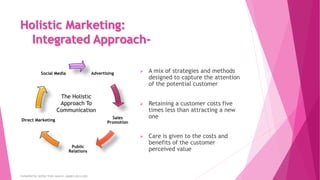 Holistic Marketing:
Integrated Approach-
Advertising
Sales
Promotion
Public
Relations
Direct Marketing
Social Media  A mi...