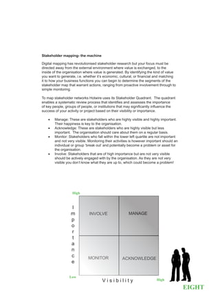 Stakeholder mapping- the machine

Digital mapping has revolutionised stakeholder research but your focus must be
directed away from the external environment where value is exchanged, to the
inside of the organisation where value is generated. By identifying the kind of value
you want to generate, i.e. whether it’s economic, cultural, or financial and matching
it to how your business functions you can begin to determine the segments of the
stakeholder map that warrant actions, ranging from proactive involvement through to
simple monitoring.

To map stakeholder networks Hotwire uses its Stakeholder Quadrant. The quadrant
enables a systematic review process that identifies and assesses the importance
of key people, groups of people, or institutions that may significantly influence the
success of your activity or project based on their visibility or importance.

    •	   Manage: These are stakeholders who are highly visible and highly important.
         Their happiness is key to the organisation.
    •	   Acknowledge: These are stakeholders who are highly visible but less
         important. The organisation should care about them on a regular basis.
    •	   Monitor: Stakeholders who fall within the lower left quartile are not important
         and not very visible. Monitoring their activities is however important should an
         individual or group ‘break out’ and potentially become a problem or asset for
         the organisation.
    •	   Involve: Stakeholders that are of high importance but are not very visible
         should be actively engaged with by the organisation. As they are not very
         visible you don’t know what they are up to, which could become a problem!




                    High



                   I
                   m           INVOLVE                   MANAGE
                   p
                   o
                   r
                   t
                   a
                   n
                   c          MONITOR               ACKNOWLEDGE
                   e

                  Low
                                       Visibility                          High

                                                                                            EIGHT
 