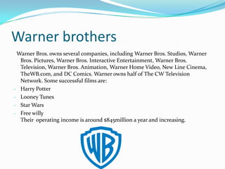 Warner brothers
 Warner Bros. owns several companies, including Warner Bros. Studios, Warner
  Bros. Pictures, Warner Bros. Interactive Entertainment, Warner Bros.
  Television, Warner Bros. Animation, Warner Home Video, New Line Cinema,
  TheWB.com, and DC Comics. Warner owns half of The CW Television
  Network. Some successful films are:
- Harry Potter
- Looney Tunes
- Star Wars
- Free willy
  Their operating income is around $845million a year and increasing.
 