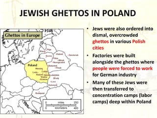 JEWISH GHETTOS IN POLAND Jews were also ordered into dismal, overcrowded  ghettos  in various  Polish cities Factories were built alongside the ghettos where  people were forced to work  for German industry Many of these Jews were then transferred to concentration camps (labor camps) deep within Poland 