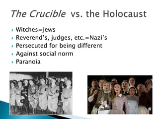 Witches=JewsReverend’s, judges, etc.=Nazi’s Persecuted for being differentAgainst social normParanoiaThe Crucible vs. the Holocaust