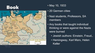 Book
Burnings
• May 10, 1933
• 20 German cities
• Nazi students, Professors, SA
members
• Any books that taught individual
thinking or were against the Nazis
were burned
• Jewish authors: Einstein, Freud…
• Hemingway, Karl Marx, Helen
Keller
 