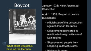 Boycot
t
January 1933: Hitler Appointed
Chancellor
April 1, 1933: Boycott of Jewish
Businesses
• official start of the persecution
against Jews in Germany
• Government sponsored in
reaction to foreign criticism of
Nazi regime
• SA prevented people from
shopping in Jewish stores
What effect would this
have on the German
 