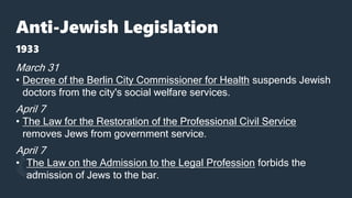 Anti-Jewish Legislation
1933
March 31
• Decree of the Berlin City Commissioner for Health suspends Jewish
doctors from the city's social welfare services.
April 7
• The Law for the Restoration of the Professional Civil Service
removes Jews from government service.
April 7
• The Law on the Admission to the Legal Profession forbids the
admission of Jews to the bar.
 