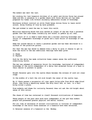The modern man went the last.

Not wishing for last humanoid children of so awful end divine force has placed
Adam and Eve in paradise to a garden where with force deities all has been
prepared for human life without minimally admissible volume of knowledge.

Existence without instinct an alive flesh helps divine force to learn world
around, doing finding of true by more probable.

The god wished to send the man to learn this world.

Malicious beginning Black God also wanted an output of the man from a paradise
garden that had used human instability and talent to gobble up all real.

As a result of it in Adam's head there was a minimal starting knowledge and
thirst of independent knowledge of goods and a harm thirst of knowledge of the
world.

Adam has stated desire to leave a paradise garden and has been delivered to a
surface of the primitive ground.

For that the man has dared to demand from a deity to give it chance to get to
know the world to the man additional feelings have been given

1) Shame
2) Shyness

Such by the deity has made collective human common sense the sufficient
stabilizing factor.

The man was ashamed of excessive thirst for knowledge, hesitated of independent
knowledge of the world independent of a deity that promoted forces of a harm in
their desire to prevent to goods.


Knight Perseval gets into the castle where becomes the witness of such not clear
stage

In the middle of a hall the old sick knight the owner of the castle lays.

By it there passes a procession all over again bring pike from which edge blood
drips, then bring a sparkling vessel The Holy Grail and, at last, in a hall
bring silver a plate.

From modesty and shame for curiosity Perseval does not ask the old knight about
sense of this action.


The chasm of time has contained in itself thousand civilizations of humanoids.

These people of the past were much more independent of the god than modern
people and possessed greater physical and mental talents.

For all time of existence of ancient civilizations in tortures of independent
knowledge of the world three essences of a humanoid have been extracted.

1) External essence of a humanoid is the   Monkey.
 