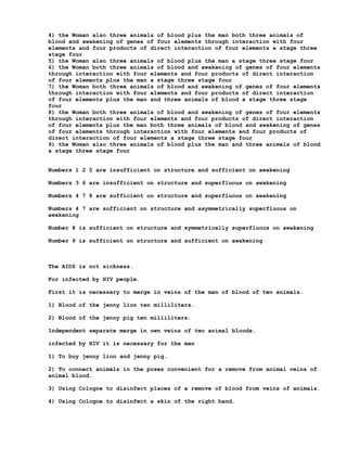 4) the Woman also three animals of blood plus the man both three animals of
blood and awakening of genes of four elements through interaction with four
elements and four products of direct interaction of four elements a stage three
stage four
5) the Woman also three animals of blood plus the man a stage three stage four
6) the Woman both three animals of blood and awakening of genes of four elements
through interaction with four elements and four products of direct interaction
of four elements plus the man a stage three stage four
7) the Woman both three animals of blood and awakening of genes of four elements
through interaction with four elements and four products of direct interaction
of four elements plus the man and three animals of blood a stage three stage
four
8) the Woman both three animals of blood and awakening of genes of four elements
through interaction with four elements and four products of direct interaction
of four elements plus the man both three animals of blood and awakening of genes
of four elements through interaction with four elements and four products of
direct interaction of four elements a stage three stage four
9) the Woman also three animals of blood plus the man and three animals of blood
a stage three stage four


Numbers 1 2 5 are insufficient on structure and sufficient on awakening

Numbers 3 6 are insufficient on structure and superfluous on awakening

Numbers 4 7 8 are sufficient on structure and superfluous on awakening

Numbers 4 7 are sufficient on structure and asymmetrically superfluous on
awakening

Number 8 is sufficient on structure and symmetrically superfluous on awakening

Number 9 is sufficient on structure and sufficient on awakening



The AIDS is not sickness.

For infected by HIV people.

First it is necessary to merge in veins of the man of blood of two animals.

1) Blood of the jenny lion ten milliliters.

2) Blood of the jenny pig ten milliliters.

Independent separate merge in own veins of two animal bloods.

infected by HIV it is necessary for the man

1) To buy jenny lion and jenny pig.

2) To connect animals in the poses convenient for a remove from animal veins of
animal blood.

3) Using Cologne to disinfect places of a remove of blood from veins of animals.

4) Using Cologne to disinfect a skin of the right hand.
 