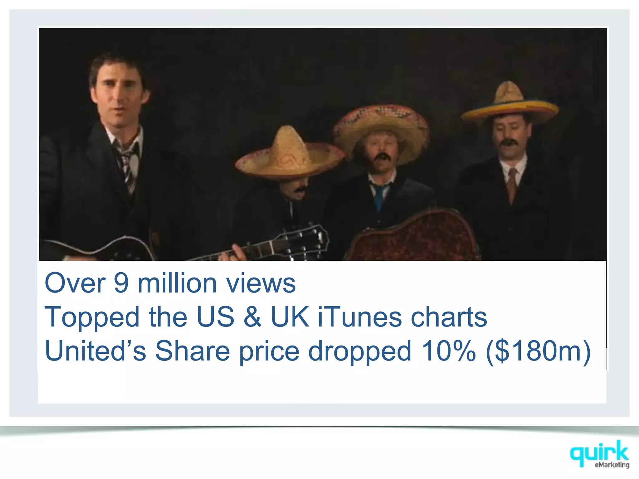 Over 9 million views
Topped the US & UK iTunes charts
United’s Share price dropped 10% ($180m)
 
