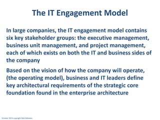 The IT Engagement Model
In large companies, the IT engagement model contains
six key stakeholder groups: the executive management,
business unit management, and project management,
each of which exists on both the IT and business sides of
the company
Based on the vision of how the company will operate,
(the operating model), business and IT leaders define
key architectural requirements of the strategic core
foundation found in the enterprise architecture

October 2013 copyright Rob Eddowes

 