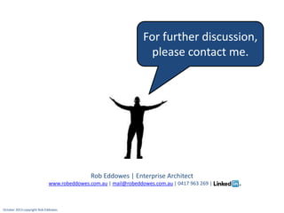 For further discussion,
please contact me.

Rob Eddowes | Enterprise Architect
www.robeddowes.com.au | mail@robeddowes.com.au | 0417 963 269 | ……………..

October 2013 copyright Rob Eddowes

 