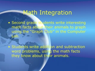 Math Integration Second grade students write interesting math facts about their animals to graph using the “Graph Club” in the Computer Lab. Students write addition and subtraction word problems, using the math facts they know about their animals. 