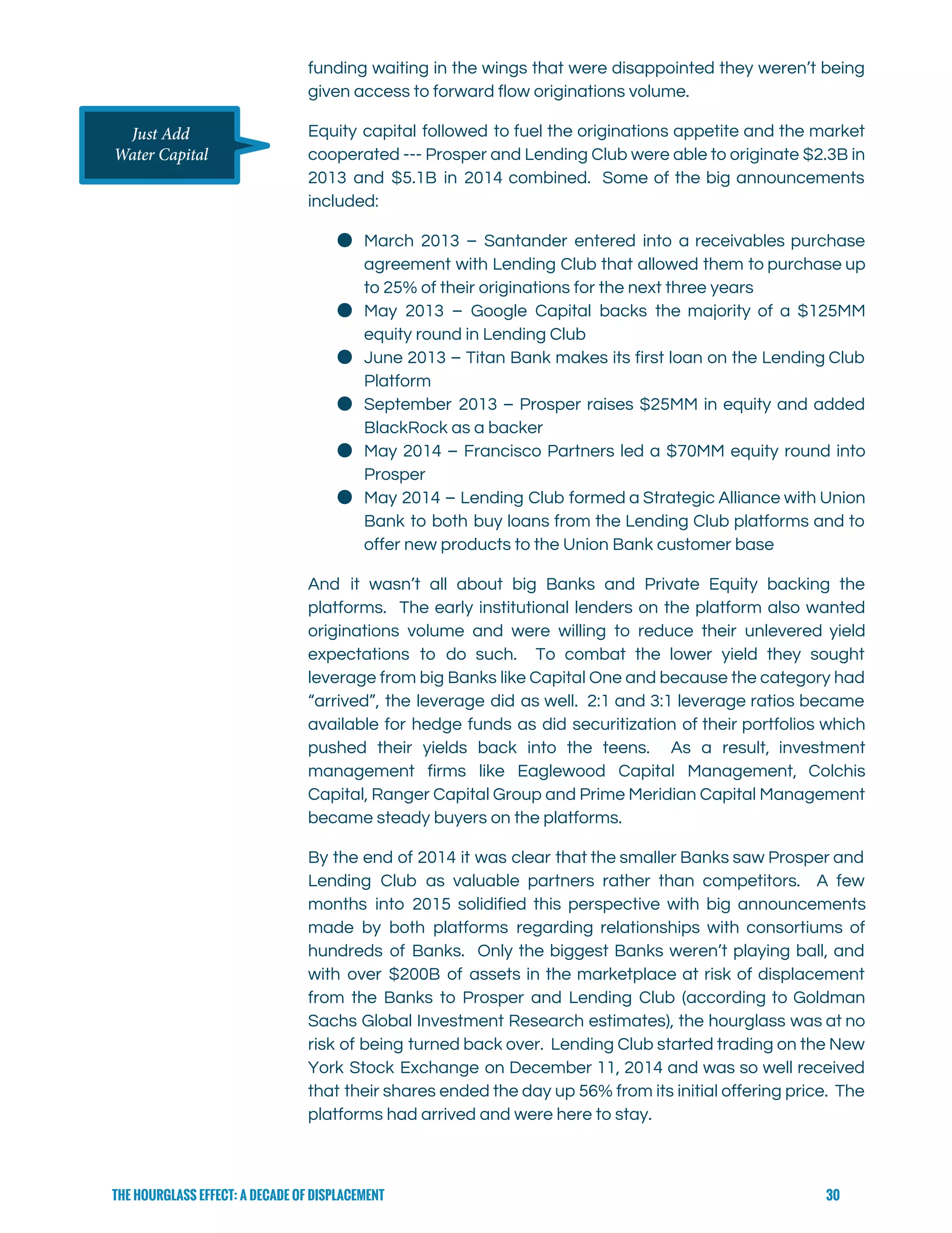  
funding waiting in the wings that were disappointed they weren’t being                     
given access to forward flow originations volume.   
Equity capital followed to fuel the originations appetite and the market                     
cooperated --- Prosper and Lending Club were able to originate $2.3B in                       
2013 and $5.1B in 2014 combined. Some of the big announcements                     
included: 
● March 2013 – Santander entered into a receivables purchase                 
agreement with Lending Club that allowed them to purchase up                   
to 25% of their originations for the next three years 
● May 2013 – Google Capital backs the majority of a $125MM                     
equity round in Lending Club 
● June 2013 – Titan Bank makes its first loan on the Lending Club                         
Platform 
● September 2013 – Prosper raises $25MM in equity and added                   
BlackRock as a backer 
● May 2014 – Francisco Partners led a $70MM equity round into                     
Prosper 
● May 2014 – Lending Club formed a Strategic Alliance with Union                     
Bank to both buy loans from the Lending Club platforms and to                       
offer new products to the Union Bank customer base 
And it wasn’t all about big Banks and Private Equity backing the                       
platforms. The early institutional lenders on the platform also wanted                   
originations volume and were willing to reduce their unlevered yield                   
expectations to do such. To combat the lower yield they sought                     
leverage from big Banks like Capital One and because the category had                       
“arrived”, the leverage did as well. 2:1 and 3:1 leverage ratios became                       
available for hedge funds as did securitization of their portfolios which                     
pushed their yields back into the teens. As a result, investment                     
management firms like Eaglewood Capital Management, Colchis             
Capital, Ranger Capital Group and Prime Meridian Capital Management                 
became steady buyers on the platforms. 
By the end of 2014 it was clear that the smaller Banks saw Prosper and                             
Lending Club as valuable partners rather than competitors. A few                   
months into 2015 solidified this perspective with big announcements                 
made by both platforms regarding relationships with consortiums of                 
hundreds of Banks. Only the biggest Banks weren’t playing ball, and                     
with over $200B of assets in the marketplace at risk of displacement                       
from the Banks to Prosper and Lending Club (according to Goldman                     
Sachs Global Investment Research estimates), the hourglass was at no                   
risk of being turned back over. Lending Club started trading on the New                         
York Stock Exchange on December 11, 2014 and was so well received                       
that their shares ended the day up 56% from its initial offering price. The                           
platforms had arrived and were here to stay. 
THE HOURGLASS EFFECT: A DECADE OF DISPLACEMENT 30
 