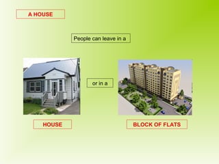 A HOUSE 
People can leave in a 
HOUSE 
or in a 
BLOCK OF FLATS 
 