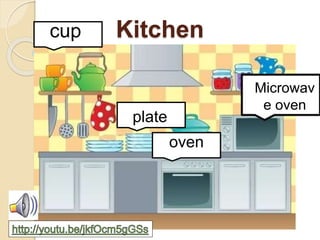 Kitchen 
Microwav 
e oven 
oven 
cup 
plate 
 