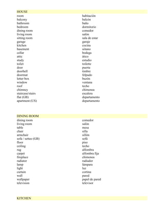 HOUSE
room                 habitación
balcony              balcón
bathroom             baño
bedroom              dormitorio
dining room          comedor
living room          salón
sitting room         sala de estar
garage               garaje
kitchen              cocina
basement             sótano
cellar               bodega
attic                ático
study                estudio
toilet               toilette
door                 puerta
doorbell             timbre
doormat              felpudo
letter box           buzón
window               ventana
roof                 techo
chimney              chimenea
staircase/stairs     escalera
flat (GB)            departamento
apartment (US)       departamento



DINING ROOM
dining room          comedor
living room          salón
table                mesa
chair                silla
armchair             sillón
sofa / settee (GB)   sofá
floor                piso
ceiling              techo
rug                  alfombra
carpet               alfombra fija
fireplace            chimenea
radiator             radiador
lamp                 lámpara
light                luz
curtain              cortina
wall                 pared
wallpaper            papel de pared
television           televisor



KITCHEN
 