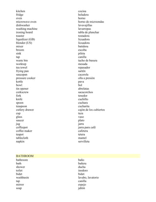 kitchen           cocina
fridge            heladera
oven              horno
microwave oven    horno de microondas
dishwasher        lavavajillas
washing machine   lavarropas
ironing board     tabla de planchar
toaster           tostadora
liquidizer (GB)   licuadora
blender (US)      licuadora
mixer             batidora
broom             escoba
sink              pileta
tap               canilla
waste bin         tacho de basura
worktop           mesada
tea towel         repasador
frying pan        sartén
saucepan          cacerola
pressure cooker   olla a presión
kettle            pava
bowl              bol
tin opener        abrelatas
corkscrew         sacacorchos
fork              tenedor
knife             cuchillo
spoon             cuchara
teaspoon          cucharita
cutlery drawer    cajón de los cubiertos
cup               taza
glass             vaso
saucer            plato
jug               jarra
coffeepot         jarra para café
coffee maker      cafetera
teapot            tetera
tablecloth        mantel
napkin            servilleta



BATHROOM
bathroom          baño
bath              bañera
shower            ducha
toilet            inodoro
bidet             bidet
washbasin         lavabo, lavatorio
tap               canilla
mirror            espejo
soap              jabón
 