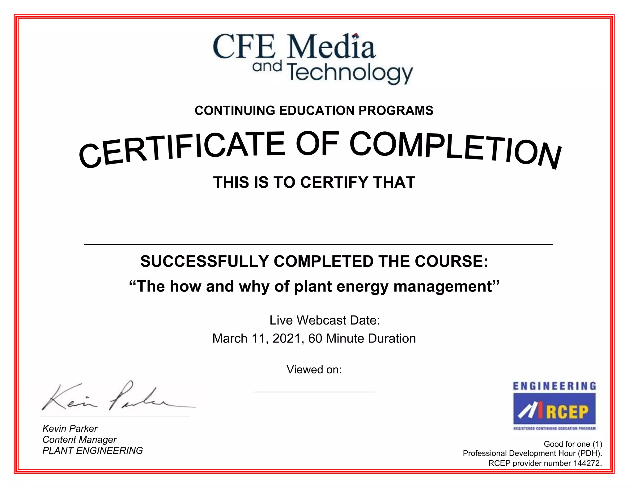 Certificate of Completion "The how and why of plant energy management