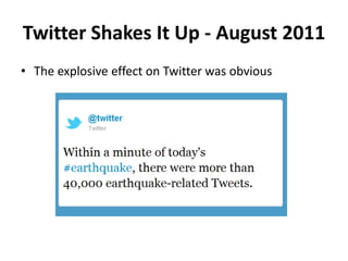 Twitter Shakes It Up - August 2011
• The explosive effect on Twitter was obvious
 