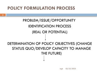 02/25/2025
bgb
4
POLICY FORMULATION PROCESS
PROBLEM/ISSUE/OPPORTUNITY
IDENTIFICATION PROCESS
(REAL OR POTENTIAL)
DETERMINATION OF POLICY OBJECTIVES (CHANGE
STATUS QUO/DEVELOP CAPACITY TO MANAGE
THE FUTURE)
 