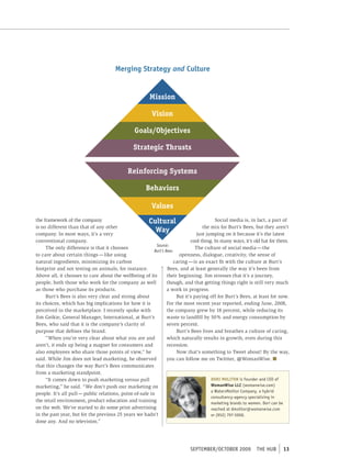 Merging Strategy and Culture


                                                        Mission

                                                          Vision

                                                 Goals/Objectives

                                                Strategic Thrusts


                                              Reinforcing Systems

                                                       Behaviors

                                                          Values
the framework of the company                           Cultural                            Social media is, in fact, a part of
is no different than that of any other                                               the mix for Burt’s Bees, but they aren’t
company. In most ways, it’s a very
                                                           Way                    just jumping on it because it’s the latest
conventional company.                                                         cool thing. In many ways, it’s old hat for them.
                                                           Source:
     The only difference is that it chooses                                      The culture of social media — the
                                                          Burt’s Bees
to care about certain things — like using                               openness, dialogue, creativity, the sense of
natural ingredients, minimizing its carbon                            caring — is an exact fit with the culture at Burt’s
footprint and not testing on animals, for instance.               Bees, and at least generally the way it’s been from
Above all, it chooses to care about the wellbeing of its          their beginning. Jim stresses that it’s a journey,
people, both those who work for the company as well               though, and that getting things right is still very much
as those who purchase its products.                               a work in progress.
     Burt’s Bees is also very clear and strong about                   But it’s paying off for Burt’s Bees, at least for now.
its choices, which has big implications for how it is             For the most recent year reported, ending June, 2008,
perceived in the marketplace. I recently spoke with               the company grew by 18 percent, while reducing its
Jim Geikie, General Manager, International, at Burt’s             waste to landfill by 50% and energy consumption by
Bees, who said that it is the company’s clarity of                seven percent.
purpose that defines the brand.                                        Burt’s Bees lives and breathes a culture of caring,
     “When you’re very clear about what you are and               which naturally results in growth, even during this
aren’t, it ends up being a magnet for consumers and               recession.
also employees who share those points of view,” he                     Now that’s something to Tweet about! By the way,
said. While Jim does not lead marketing, he observed              you can follow me on Twittter, @WomanWise. n
that this changes the way Burt’s Bees communicates
from a marketing standpoint.
     “It comes down to push marketing versus pull                                        DORI MOLITOR is founder and ceo of
marketing,” he said. “We don’t push our marketing on                                     WomanWise LLC (womanwise.com)
                                                                                         a Watersmolitor company, a hybrid
people. It’s all pull — public relations, point-of-sale in
                                                                                         consultancy-agency specializing in
the retail environment, product education and training                                   marketing brands to women. Dori can be
on the web. We’ve started to do some print advertising                                   reached at dmolitor@womanwise.com
in the past year, but for the previous 25 years we hadn’t                                or (952) 797-5000.
done any. And no television.”




                                                                             september/october 2009           tHe HUb       13
 