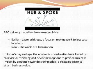 BPO delivery model has been ever evolving:
• Earlier - Labor arbitrage, a focus on moving work to low cost
locations
• Now - The world of Globalization.
In today’s day and age, the economic uncertainties have forced us
to revise our thinking and devise new options to provide business
impact by creating newer delivery models; a strategic driver to
attain business value.
 