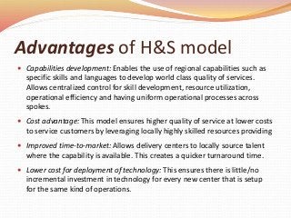 Advantages of H&S model
 Capabilities development: Enables the use of regional capabilities such as
specific skills and languages to develop world class quality of services.
Allows centralized control for skill development, resource utilization,
operational efficiency and having uniform operational processes across
spokes.
 Cost advantage: This model ensures higher quality of service at lower costs
to service customers by leveraging locally highly skilled resources providing
 Improved time-to-market: Allows delivery centers to locally source talent
where the capability is available. This creates a quicker turnaround time.
 Lower cost for deployment of technology: This ensures there is little/no
incremental investment in technology for every new center that is setup
for the same kind of operations.
 