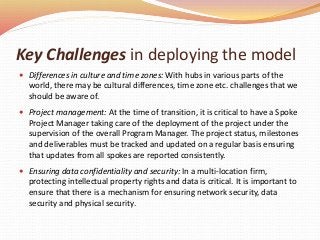 Key Challenges in deploying the model
 Differences in culture and time zones: With hubs in various parts of the
world, there may be cultural differences, time zone etc. challenges that we
should be aware of.
 Project management: At the time of transition, it is critical to have a Spoke
Project Manager taking care of the deployment of the project under the
supervision of the overall Program Manager. The project status, milestones
and deliverables must be tracked and updated on a regular basis ensuring
that updates from all spokes are reported consistently.
 Ensuring data confidentiality and security: In a multi-location firm,
protecting intellectual property rights and data is critical. It is important to
ensure that there is a mechanism for ensuring network security, data
security and physical security.
 