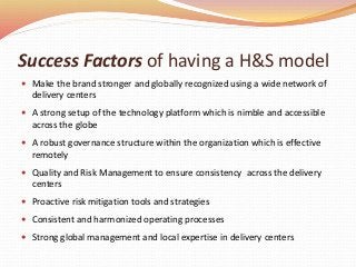 Success Factors of having a H&S model
 Make the brand stronger and globally recognized using a wide network of
delivery centers
 A strong setup of the technology platform which is nimble and accessible
across the globe
 A robust governance structure within the organization which is effective
remotely
 Quality and Risk Management to ensure consistency across the delivery
centers
 Proactive risk mitigation tools and strategies
 Consistent and harmonized operating processes
 Strong global management and local expertise in delivery centers
 