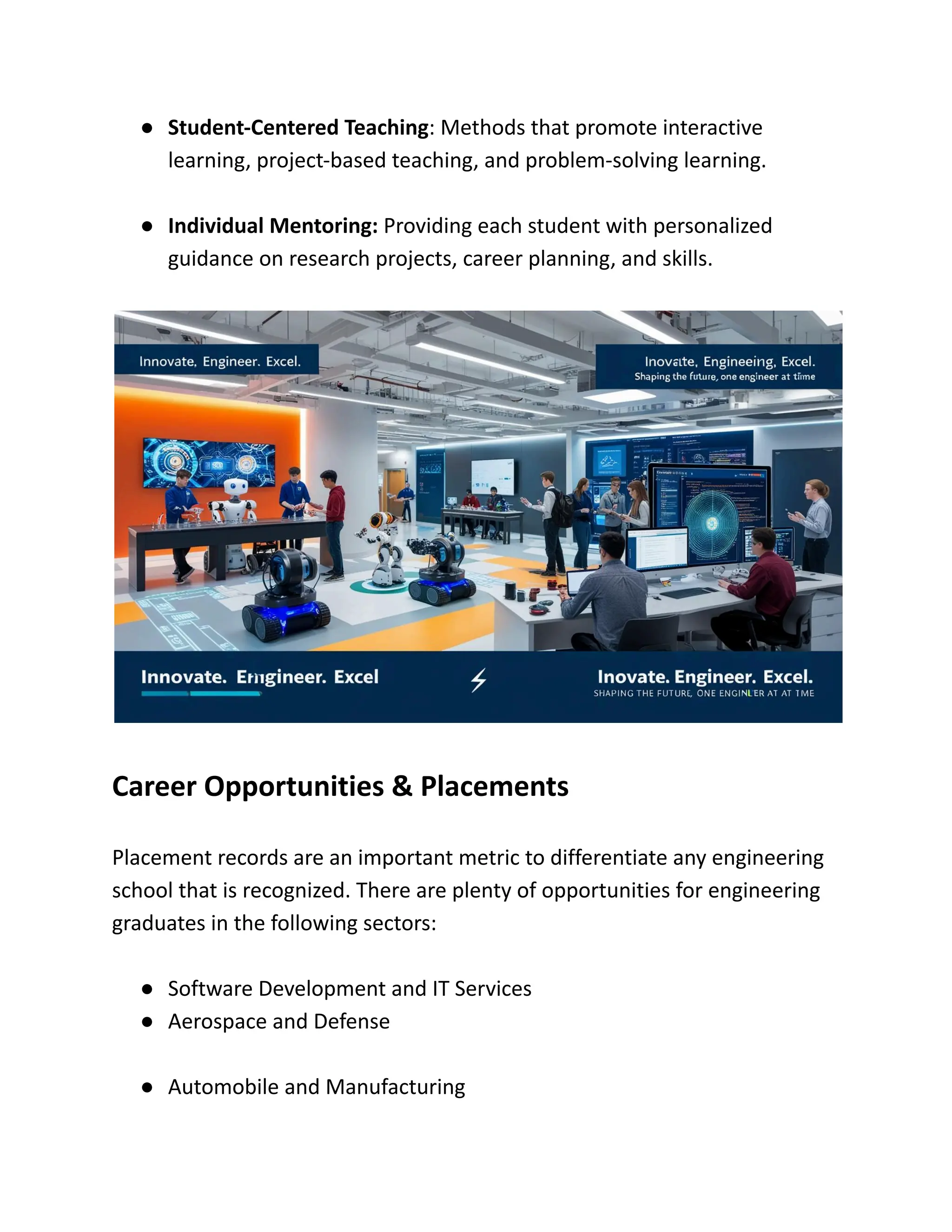 ●​ Student-Centered Teaching: Methods that promote interactive
learning, project-based teaching, and problem-solving learning.
●​ Individual Mentoring: Providing each student with personalized
guidance on research projects, career planning, and skills.
Career Opportunities & Placements
Placement records are an important metric to differentiate any engineering
school that is recognized. There are plenty of opportunities for engineering
graduates in the following sectors:
●​ Software Development and IT Services
●​ Aerospace and Defense
●​ Automobile and Manufacturing
 