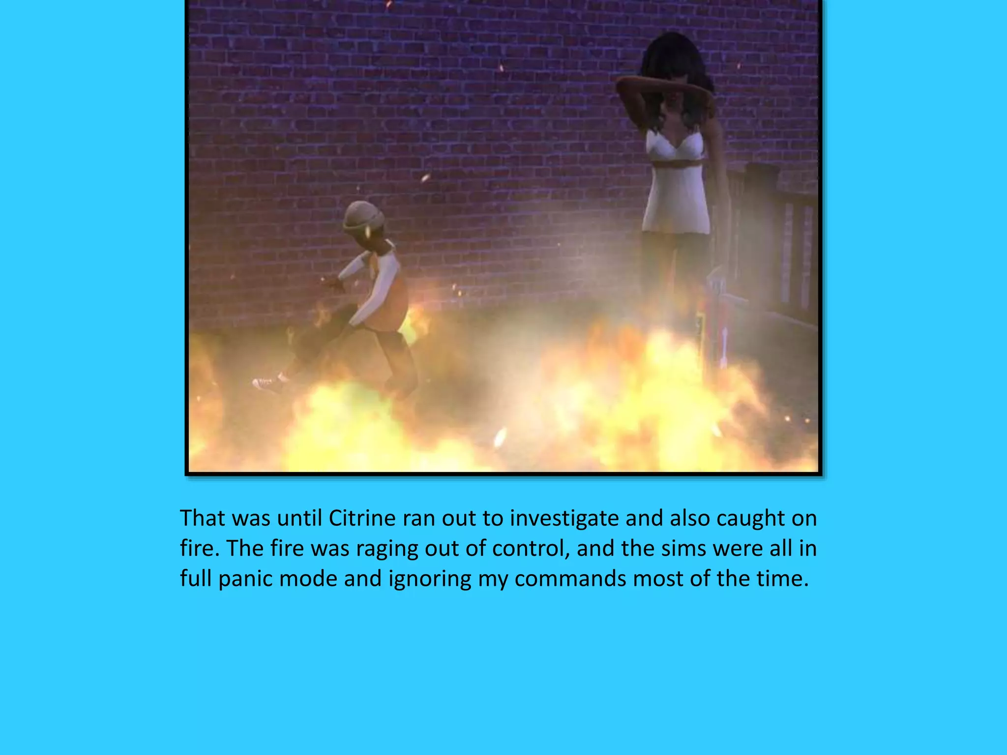 That was until Citrine ran out to investigate and also caught on
fire. The fire was raging out of control, and the sims were all in
full panic mode and ignoring my commands most of the time.
 
