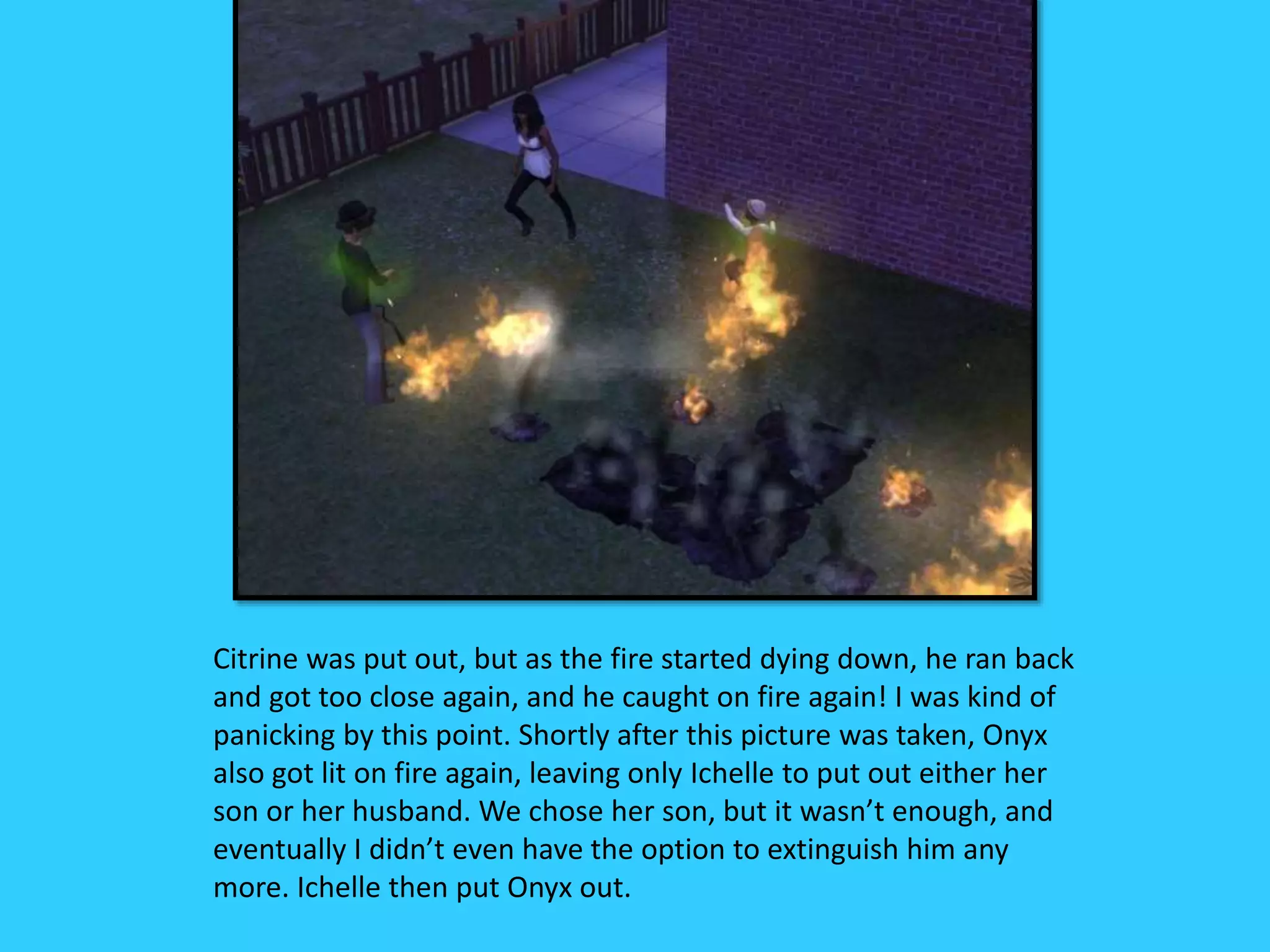 Citrine was put out, but as the fire started dying down, he ran back
and got too close again, and he caught on fire again! I was kind of
panicking by this point. Shortly after this picture was taken, Onyx
also got lit on fire again, leaving only Ichelle to put out either her
son or her husband. We chose her son, but it wasn’t enough, and
eventually I didn’t even have the option to extinguish him any
more. Ichelle then put Onyx out.
 