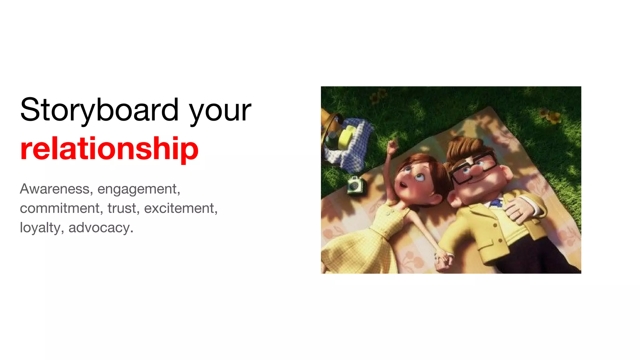 Storyboard your
relationship
Awareness, engagement,
commitment, trust, excitement,
loyalty, advocacy.
 