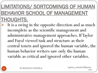 LIMITATIONS/ SORTCOMINGS OF HUMAN
BEHAVIOR SCHOOL OF MANAGEMENT
THOUGHTS.
 It is a swing in the opposite direction and as much
      incomplete as the scientific management and
      administrative management approaches. If Taylor
      and Fayol viewed task and structure as their
      central tenets and ignored the human variable, the
      human behavior writers saw only the human
      variable as critical and ignored other variables.

            BY:MANISHA VAGHELA          vaghela_manisha13@yahoo.
 55
                                                            com
 