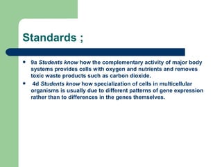 Standards ; 9a  Students know  how the complementary activity of major body systems provides cells with oxygen and nutrients and removes toxic waste products such as carbon dioxide.      4d  Students know  how specialization of cells in multicellular organisms is usually due to different patterns of gene expression rather than to differences in the genes themselves.   