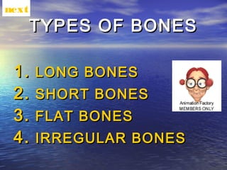 next
       TYPES OF BONES

 1.    LONG BONES
 2.    SHORT BONES
 3.    FLAT BONES
 4.    IRREGULAR BONES
 