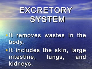 EXCRETORY
      SYSTEM

• It removes wastes in the
  body.
• It includes the skin, large
  intestine,    lungs,    and
  kidneys.
 