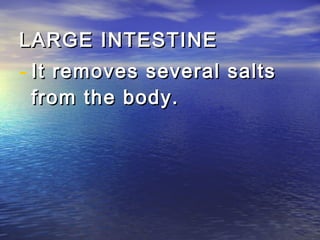 LARGE INTESTINE
- It removes several salts
 from the body.
 