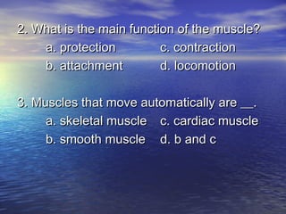 2. What is the main function of the muscle?
    a. protection         c. contraction
    b. attachment         d. locomotion

3. Muscles that move automatically are __.
     a. skeletal muscle c. cardiac muscle
     b. smooth muscle d. b and c
 