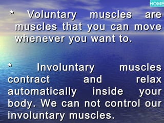 HOME

*     Voluntary muscles are
    muscles that you can move
    whenever you want to.

*     Involuntary     muscles
contract       and      relax
automatically    inside  your
body. We can not control our
involuntary muscles.
 