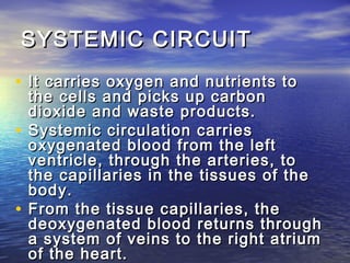 SYSTEMIC CIRCUIT
• It carries oxygen and nutrients to
  the cells and picks up carbon
  dioxide and waste products.
• Systemic circulation carries
  oxygenated blood from the left
  ventricle, through the arteries, to
  the capillaries in the tissues of the
  body.
• From the tissue capillaries, the
  deoxygenated blood returns through
  a system of veins to the right atrium
  of the heart.
 