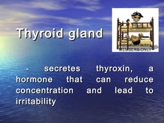 Thyroid gland

  -     secretes    thyroxin,   a
hormone      that   can    reduce
concentration     and   lead   to
irritability
 