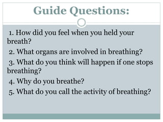 Guide Questions:
1. How did you feel when you held your
breath?
2. What organs are involved in breathing?
3. What do you think will happen if one stops
breathing?
4. Why do you breathe?
5. What do you call the activity of breathing?
 