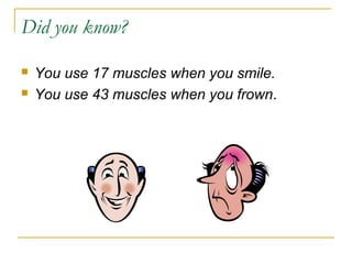 Did you know?
 You use 17 muscles when you smile.
 You use 43 muscles when you frown.
 