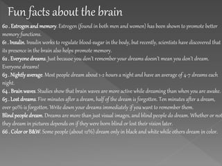 Fun facts about the brain
60 . Estrogenand memory. Estrogen (found in both men and women) has been shown to promote better
memory functions.
61 . Insulin. Insulin works to regulate blood-sugar in the body, but recently, scientists have discovered that
its presence in the brain also helps promote memory.
62 . Everyonedreams. Just because you don’t remember your dreams doesn’t mean you don’t dream.
Everyone dreams!
63 . Nightly average. Most people dream about 1-2 hours a night and have an average of 4-7 dreams each
night.
64 . Brainwaves. Studies show that brain waves are more active while dreaming than when you are awake.
65 . Lost dreams. Five minutes after a dream, half of the dream is forgotten. Ten minutes after a dream,
over 90% is forgotten. Write down your dreams immediately if you want to remember them.
Blindpeople dream. Dreams are more than just visual images, and blind people do dream. Whether or not
they dream in pictures depends on if they were born blind or lost their vision later.
66 . Color or B&W. Some people (about 12%) dream only in black and white while others dream in color.
 