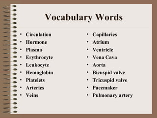 Vocabulary Words
•   Circulation    •   Capillaries
•   Hormone        •   Atrium
•   Plasma         •   Ventricle
•   Erythrocyte    •   Vena Cava
•   Leukocyte      •   Aorta
•   Hemoglobin     •   Bicuspid valve
•   Platelets      •   Tricuspid valve
•   Arteries       •   Pacemaker
•   Veins          •   Pulmonary artery
 
