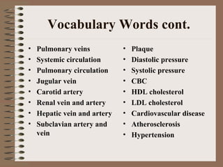 Vocabulary Words cont.
•   Pulmonary veins           •   Plaque
•   Systemic circulation      •   Diastolic pressure
•   Pulmonary circulation     •   Systolic pressure
•   Jugular vein              •   CBC
•   Carotid artery            •   HDL cholesterol
•   Renal vein and artery     •   LDL cholesterol
•   Hepatic vein and artery   •   Cardiovascular disease
•   Subclavian artery and     •   Atherosclerosis
    vein                      •   Hypertension
 